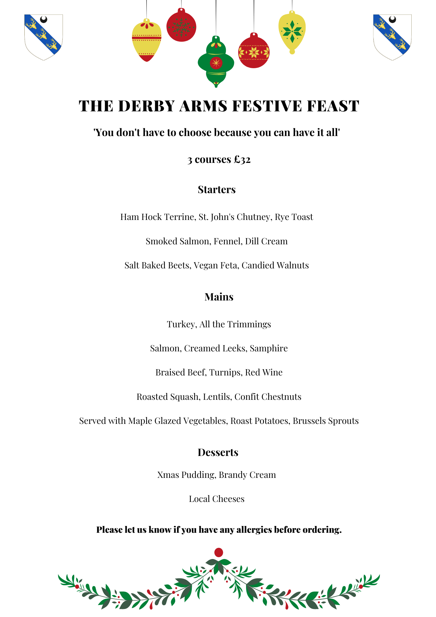Derby Arms Witherslack Festive Feast Menu