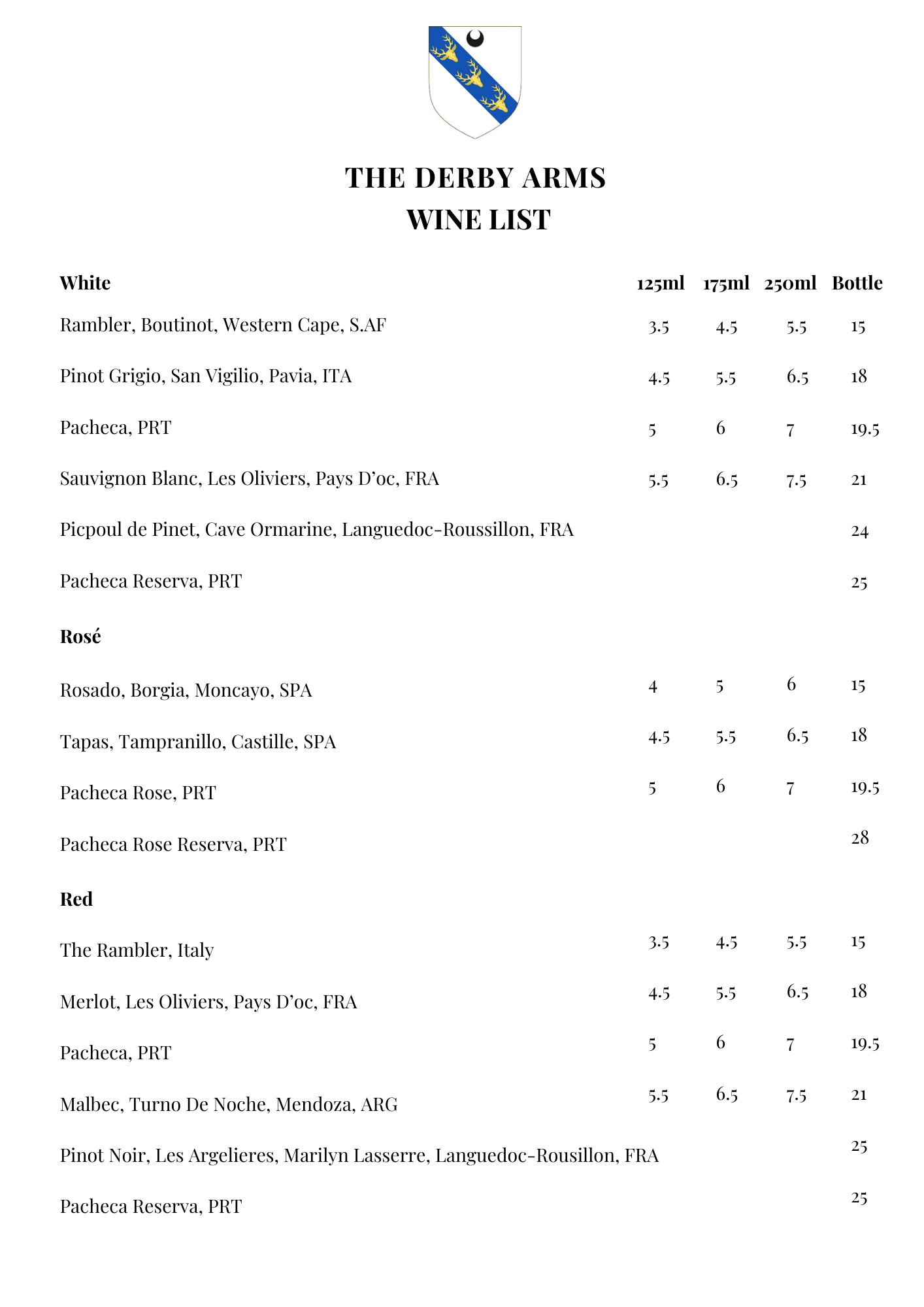 Derby Arms Witherslack Wine List
